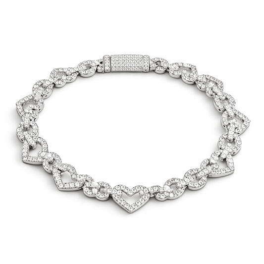 Pulsera Corazones Base de Plata con Oro Laminado Blanco y Moissanita VVS